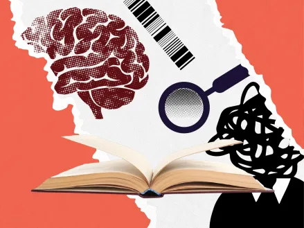 Clip art collage including a brain and magnifying glass, indicating freedom of conscience.
